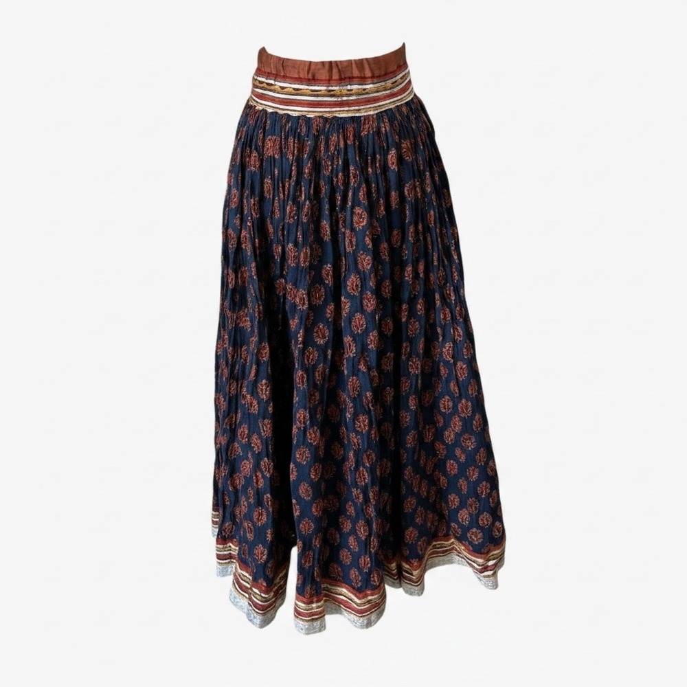 Boho Block Print Maxi Skirt Navy Rust Embroidered Tassel Drawstring Waist 40L